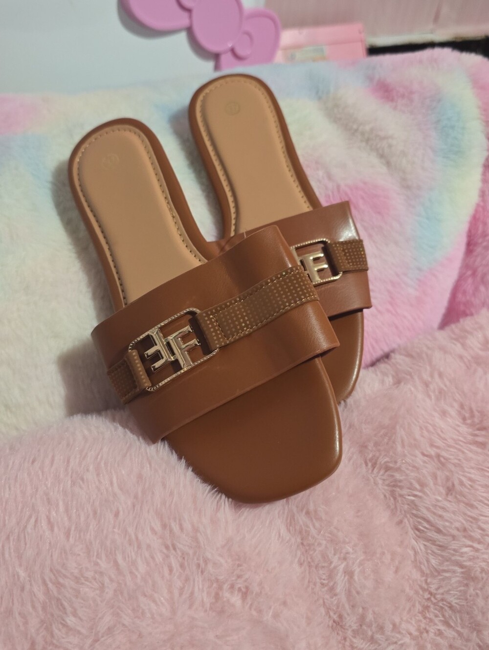 Women's Tan Slide Sandals with Gold Buckle Accent